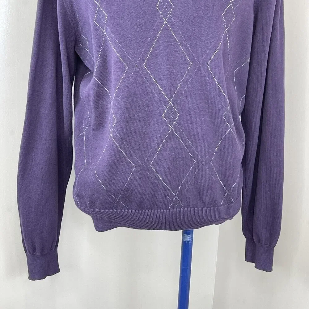 Van Heusen Men’s V Neck Sweater Argyle Purple Cotton Size Large